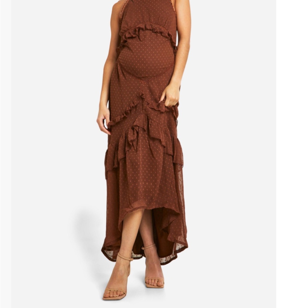 Boohoo Maternity Halter Swiss dot Brown Ruffle Dress